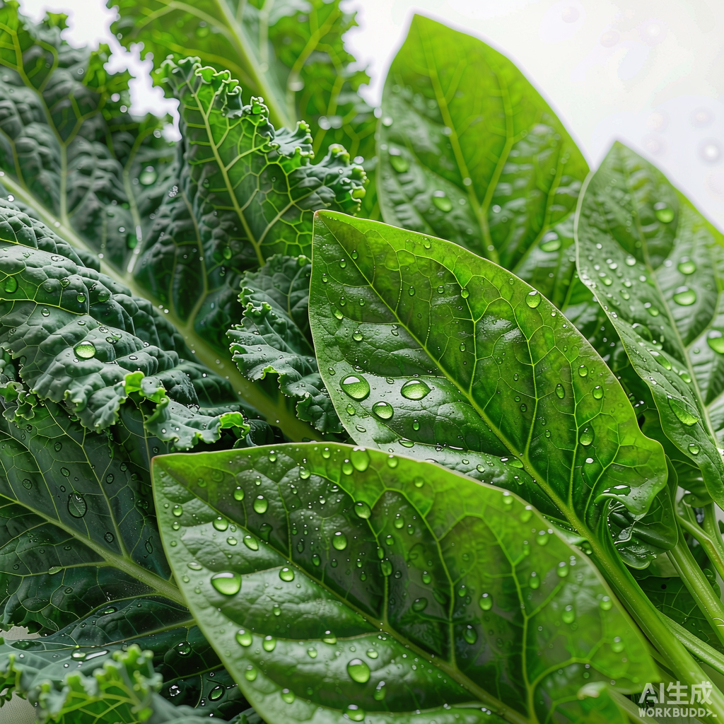 新鲜绿叶蔬菜特写，叶面带有水珠